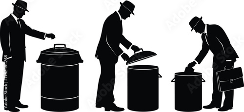 Black silhouettes of businessmen disposing of documents in trash cans suits