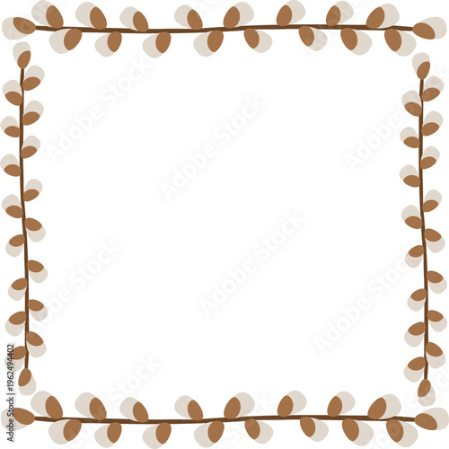 Pussy willow branch square frame vector on transparent background. Spring willow border with copy space for Easter greeting card, invitation, and social media post. Minimalist template