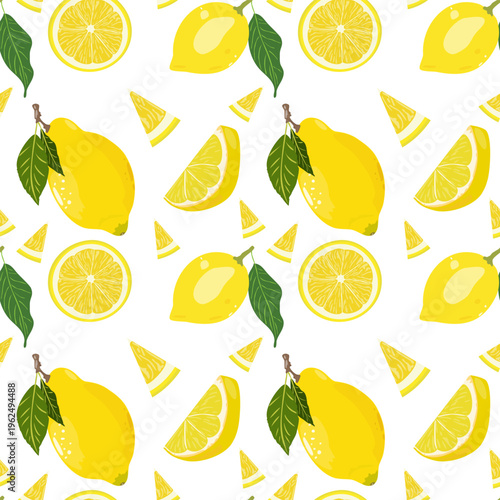Vibrant seamless vector background with hand-drawn lemons, whole fruits with leaves, and juicy slices on a transparent background. High-quality repeat pattern for textile and food branding