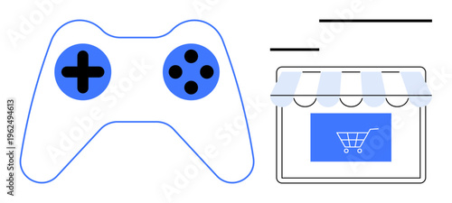 Gaming, e-commerce, online shopping, technology, digital platforms, marketplace. A gaming controller and an online store icon. Gaming and e-commerce concepts explore digital sales and tech trends
