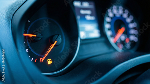 Extreme close-up of car fuel gauge near empty with glowing warning light. Dramatic low fuel alert, energy crisis, urgency, and transportation risk concept with modern dashboard and shallow 