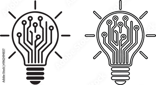 Circuit board light bulb icons, technology symbols, electronic vector graphics, innovation illustrations