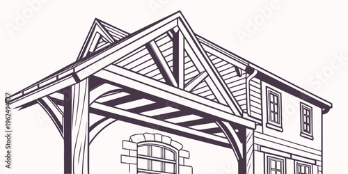 A detailed illustration of a traditional wooden gazebo with intricate roof design.