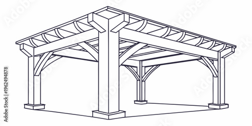 A detailed architectural drawing of a wooden pavilion with intricate roof design.