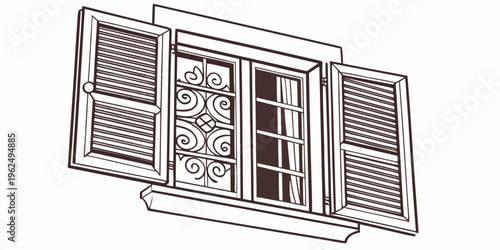 A vintage window with intricate stained glass design and shutters on both sides