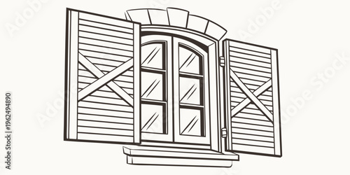 A pair of wooden shutters with a window in between, showcasing a classic architectural detail.