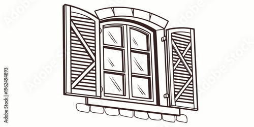An illustration of a window with shutters on a brick wall