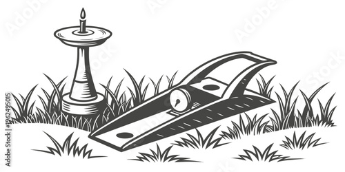 A vintage camera and a pair of scissors resting on a grassy surface.