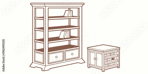 A vintage wooden bookcase and desk set with intricate detailing and ample storage space