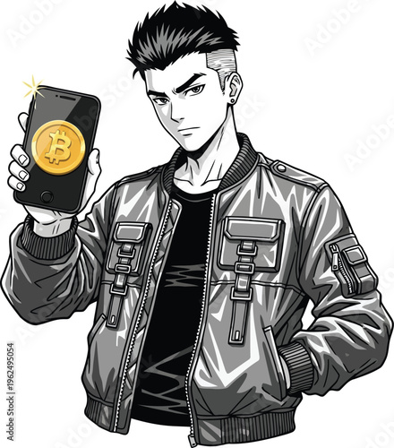 Crypto investor: young man in bomber jacket holding smartphone with bitcoin symbol