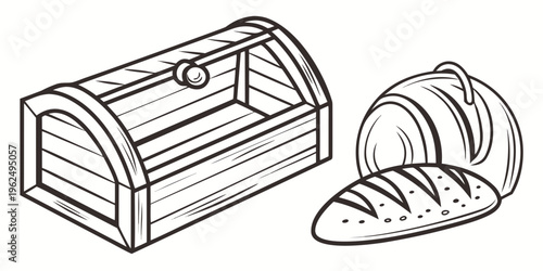 An illustration of a wooden chest and a striped cloth bag.