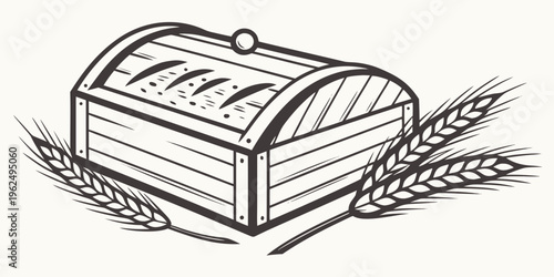 A vintage wooden chest adorned with wheat stalks and a circular handle on top.