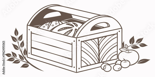 An illustrated wooden chest filled with various fruits and vegetables.