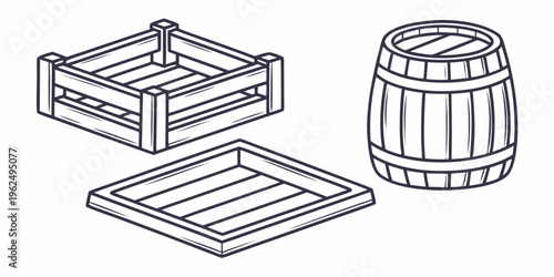 A wooden crate, barrel, and flat rack displayed in a simple line drawing.