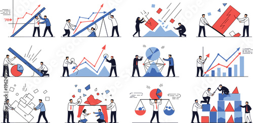 Business Growth and Problem Solving Illustration Set Featuring Teamwork, Strategy Development, Financial Charts, Risk Management, and Corporate Success Concept Scenes