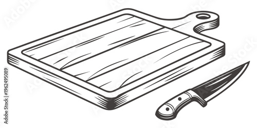 A knife and a cutting board with a coiled cord on a white background