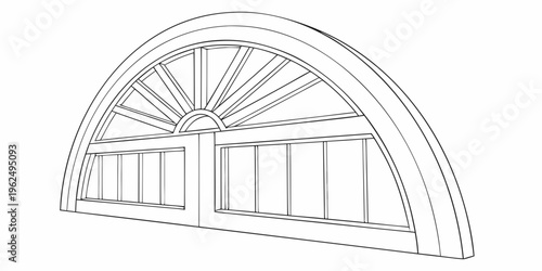 A detailed line drawing of a large, arched window with multiple panes