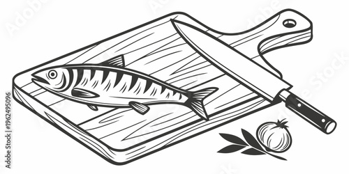 A freshly caught fish being prepared on a wooden cutting board with a knife and herbs