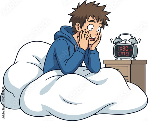 Early morning shock: man waking up startled by ringing alarm clock on nightstand