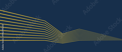 Parallel golden lines converging into angular bend and fading into perspective on dark navy background. Minimalist luxury vector illustration for modern corporate and abstract design concepts.