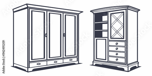 A pair of elegant wooden wardrobes with different storage configurations and designs.