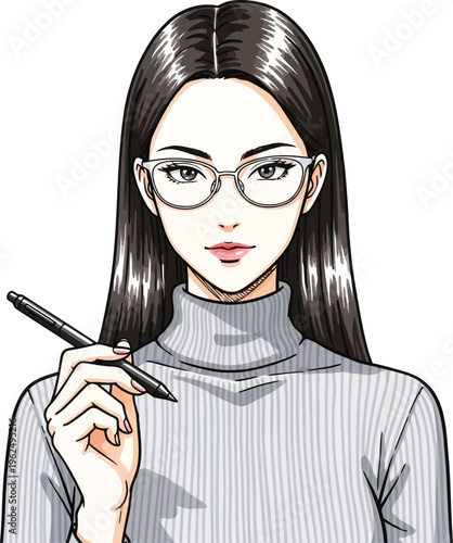 Japanese woman wearing glasses and turtleneck holding a stylus pen, style, animated style