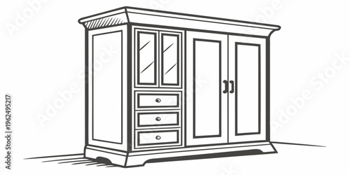 A vintage wooden cabinet with mirrored doors and three drawers