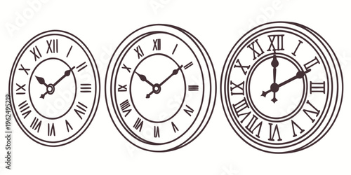 Three vintage clocks with roman numerals and intricate designs on a white background