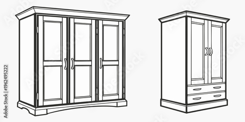 Two distinct wooden wardrobes showcasing different design styles and storage solutions