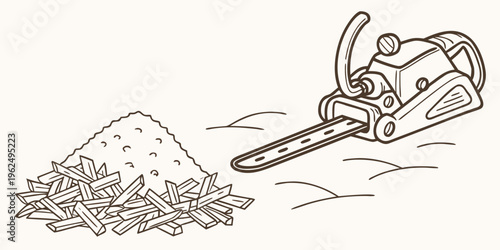 A chainsaw placed next to a pile of freshly cut tree branches and leaves.