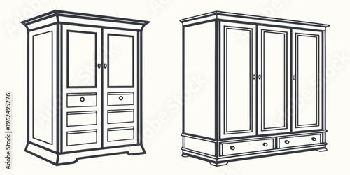 Two different styles of wooden wardrobes with doors and drawers