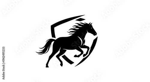 Dynamic mustang horse silhouette logo with modern shield emblem for ranch stable and wildlife branding isolated on white