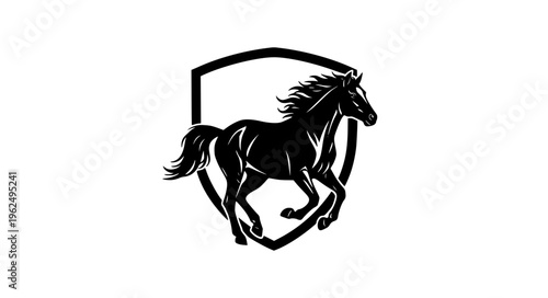 Running mustang horse silhouette with shield vector logo design for ranch wildlife and equine branding isolated on white
