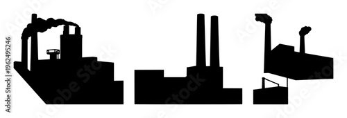 Factory chimneys set with stylized silhouette design featuring factory, chimney, silhouette, smoke, metal with industrial and architecture