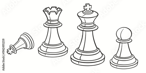 A collection of chess pieces including a rook, queen, and pawn in a line.