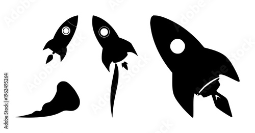 Minimalist vector icon of a black rocket ship launching upward at a diagonal angle on a solid white background. The silhouette features a circular porthole and three stylized engine blast lines, cr...
