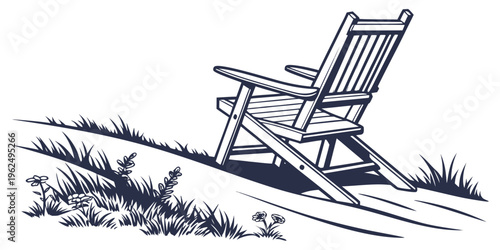 A vintage rocking chair rests on a grassy hill with a scenic view