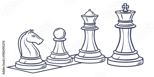 Chess pieces arranged in a row on a chessboard