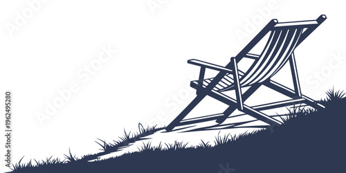 A wooden deck chair tilted on a grassy hill against a white background