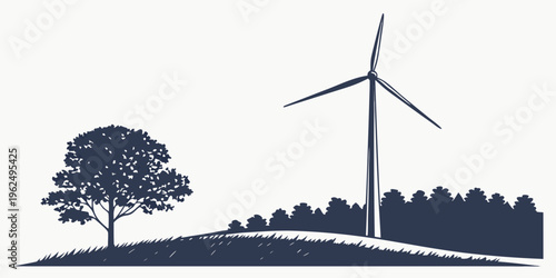A solitary wind turbine stands tall on a hillside surrounded by trees