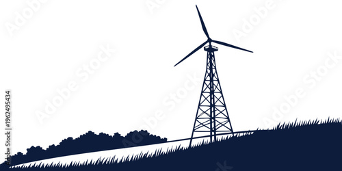 A solitary wind turbine stands tall on a hilltop against a clear sky.