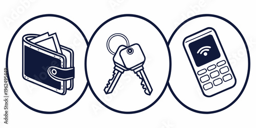 Illustration of a wallet, keys, and a smartphone representing essential items.
