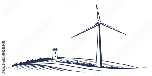 A large wind turbine stands tall on a hillside with a small structure nearby
