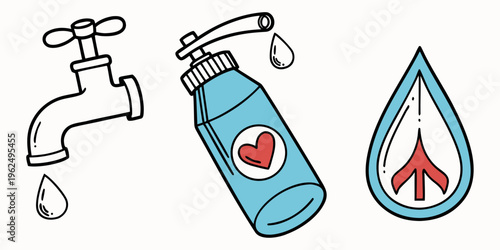 Water conservation symbols featuring a faucet, a bottle, and a droplet