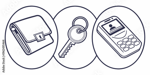 Illustration of a wallet, key and mobile phone representing security and access.