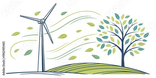 Wind turbines and trees generating clean renewable energy in a field