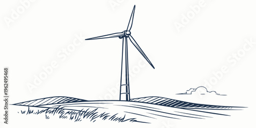 A solitary wind turbine stands tall on a grassy hilltop against a clear sky.