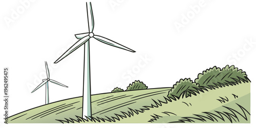 Wind turbines standing tall on a grassy hillside with a clear sky.