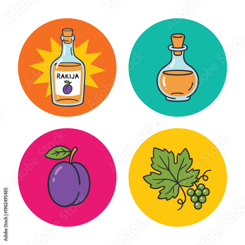 Set of Icons Representing Rakija Production Ingredients.