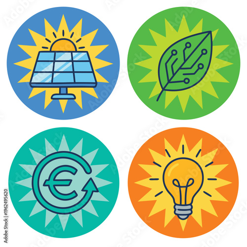 Set of icons representing renewable energy and sustainability.